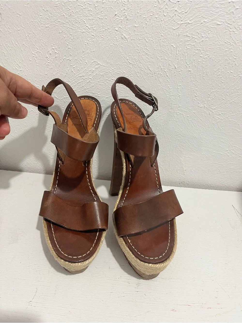 Christian Louboutin Brown Leather Platform Espadrille Sandals Size 39